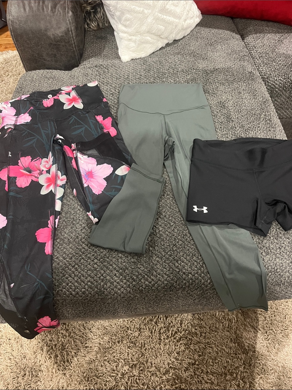 Black Floral & Olive Green Leggings Set with Black Athletic Shorts